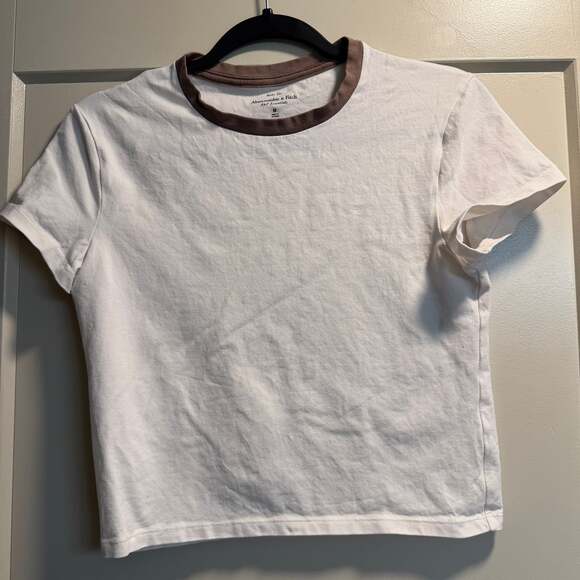 Abercrombie & Fitch Tops - Abercrombie & Fitch Essentials Off-White Baby Tee with Brown Ringer Neck
